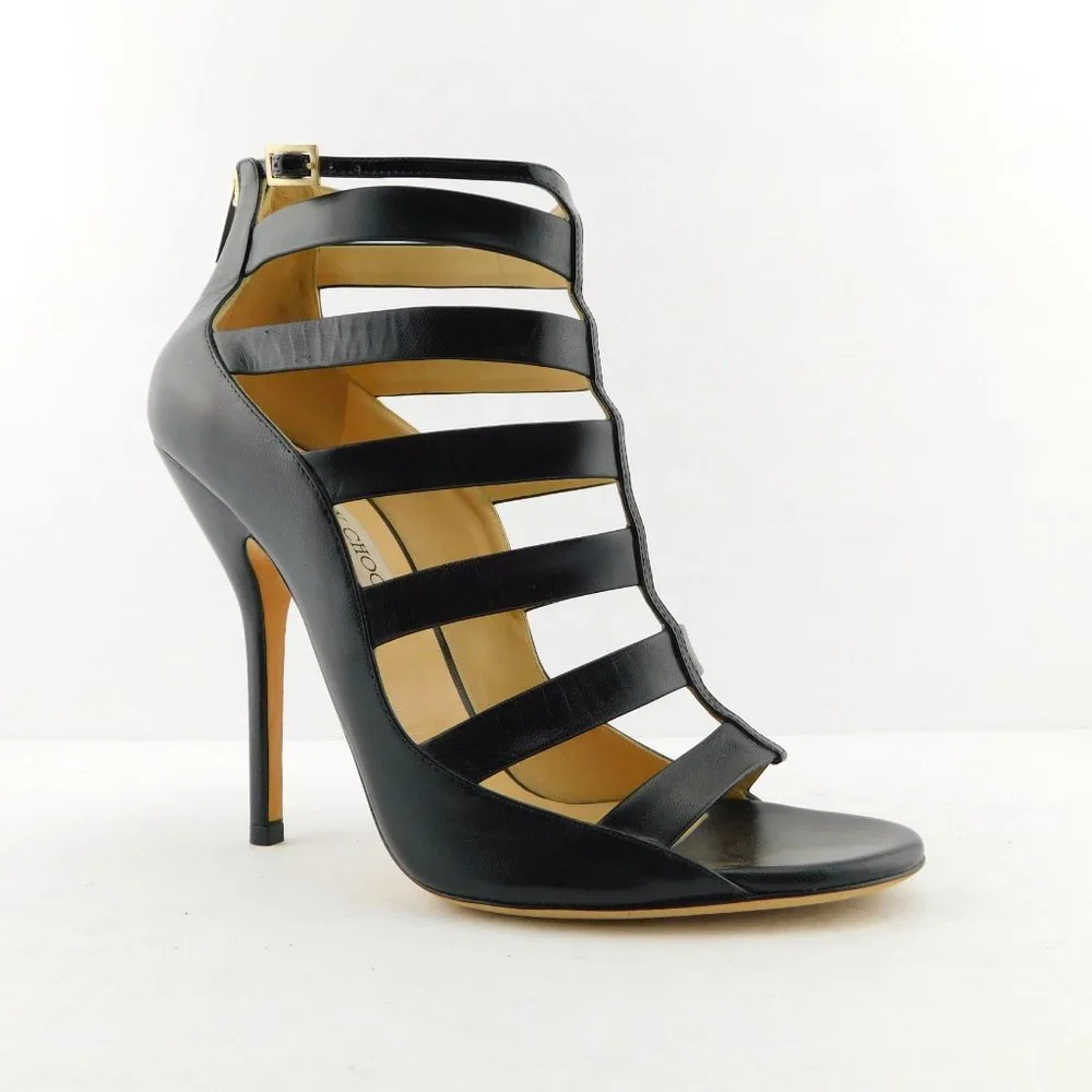 JIMMY CHOO Black Leather Caged Open Toe Bootie Heel Pumps 41